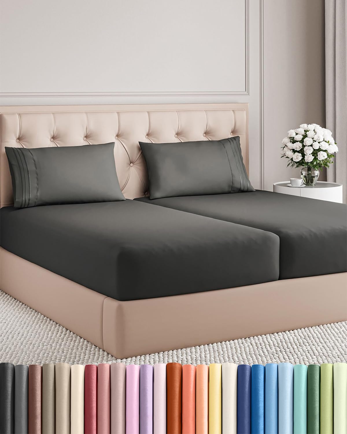 Split King Size 5 Piece Sheet Set - Comfy Breathable & Cooling Bed Sheets Set - Hotel Luxury Bedding for Women, Men, Kids, Teens, Boys & Girls - Deep Pockets, Soft, Wrinkle Free - Oeko-Tex - Charcoal