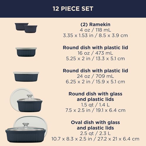 CorningWare 12-Piece Ceramic Bakeware Set - Chip & Crack Resistant | Microwave, Oven, Dishwasher Safe, French Navy