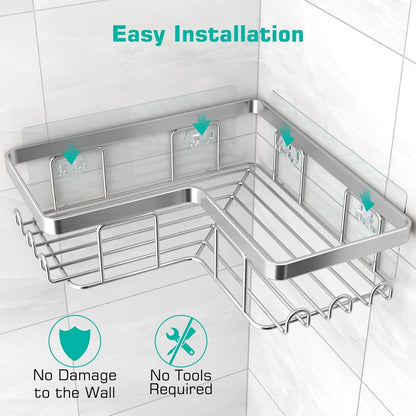YASONIC Shower Caddy - Rustproof Stainless Steel Bathroom Organizer with Soap Holder & 12 Hooks | Brushed Silver, 3-Pack