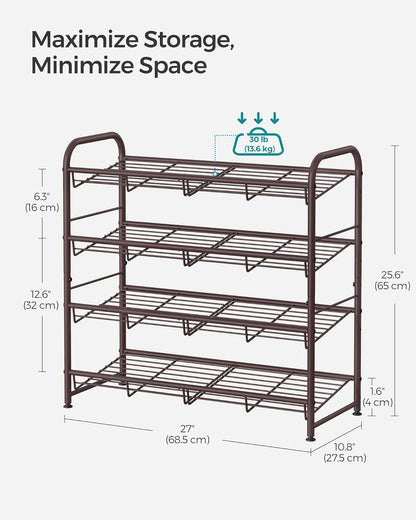SONGMICS 4-Tier Metal Shoe Rack - Adjustable Slanted Shelves, Holds 16 Pairs, Bronze Finish for Small Spaces