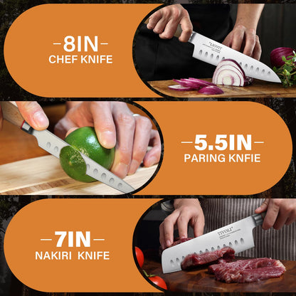 TIVOLI Kitchen Knife Set,3PC Professional Chef Knife Set Stainless Steel Japanese Knives Set for Kitchen Sharp Blade with Wooden Handle Cooking Knife, Nakiri Knife, Chef Knife, Paring Knife