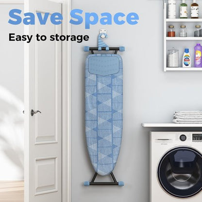 KINGBOARD Ironing Board, Compact Iron Board with Silicon Iron Mat, Heat Resistant Cover, 7 Height Adjustable, Foldable Ironing Board Wall Mount Hanger, 13x43 Blue