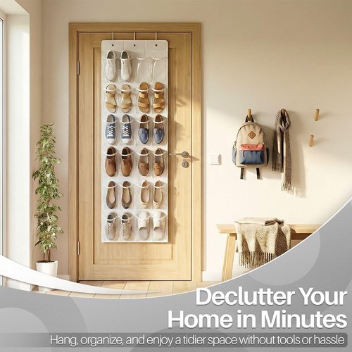 Flexzion Over The Door Shoe Organizer - Space-Saving Hanging Rack with 24 Clear Pockets & 3 Hooks | White