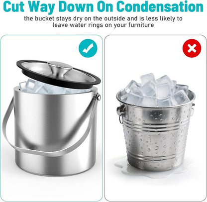 3L Stainless Steel Ice Bucket, Double Wall Insulated Ice Bucket with Lid, Drain Plate, Scoop, Tong for Parties Cocktail Bar