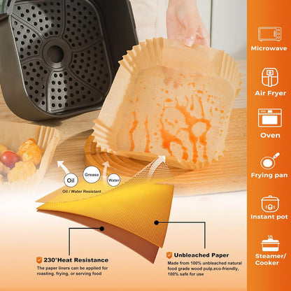 Unbleached Parchment Paper Liners - 250 Pcs 9" Square Disposable Air Fryer Liners | Non-Stick & Leakproof