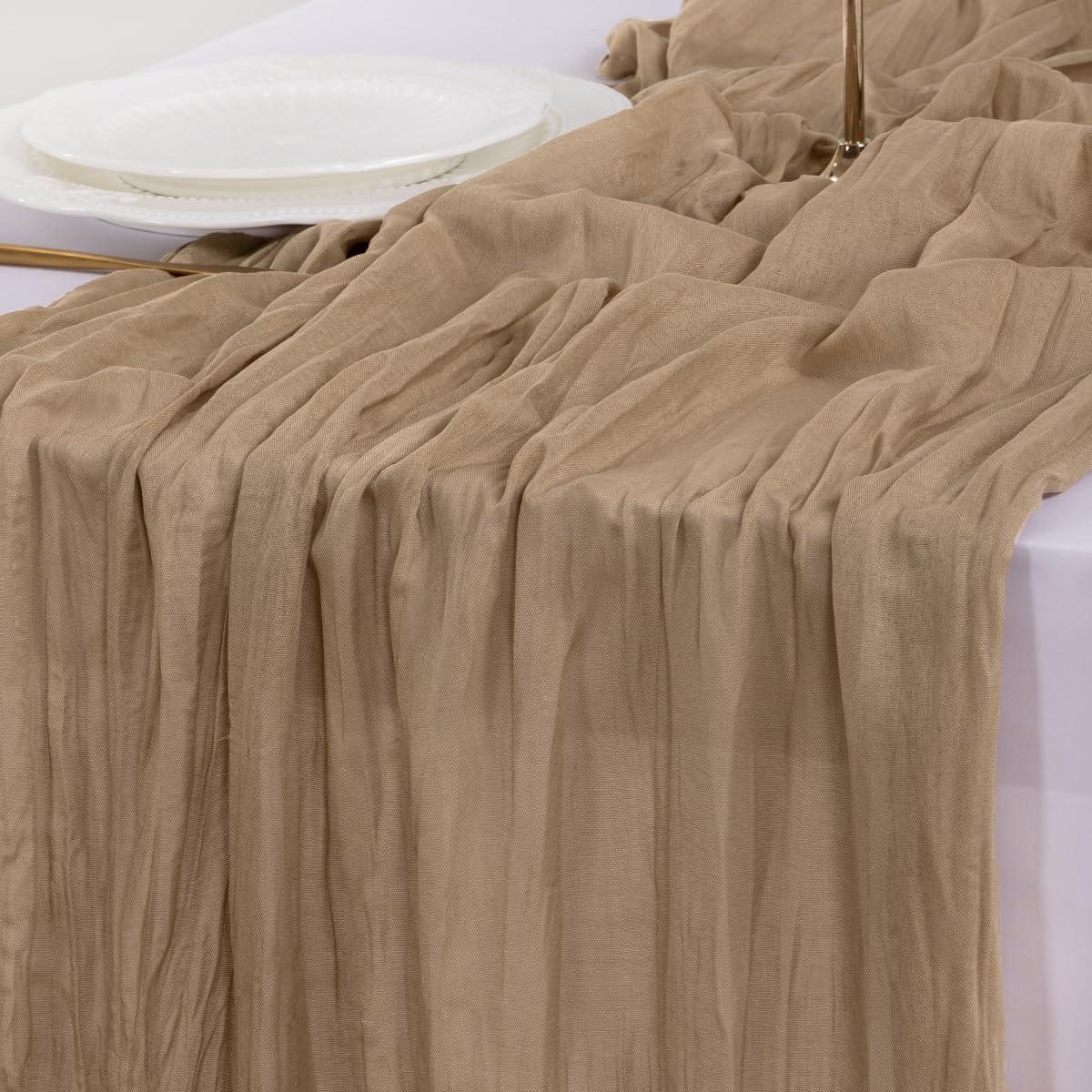 Socomi Cheesecloth Table Runner - 15pcs Nude Brown Boho Rustic 120-Inch for Weddings & Events