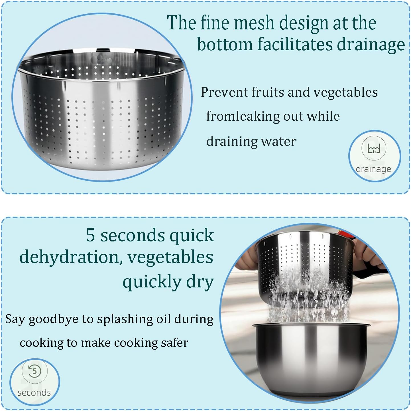 Skiennix 6L Stainless Steel Salad Spinner - Non-Slip Base & Multi-Use Vegetable Strainer