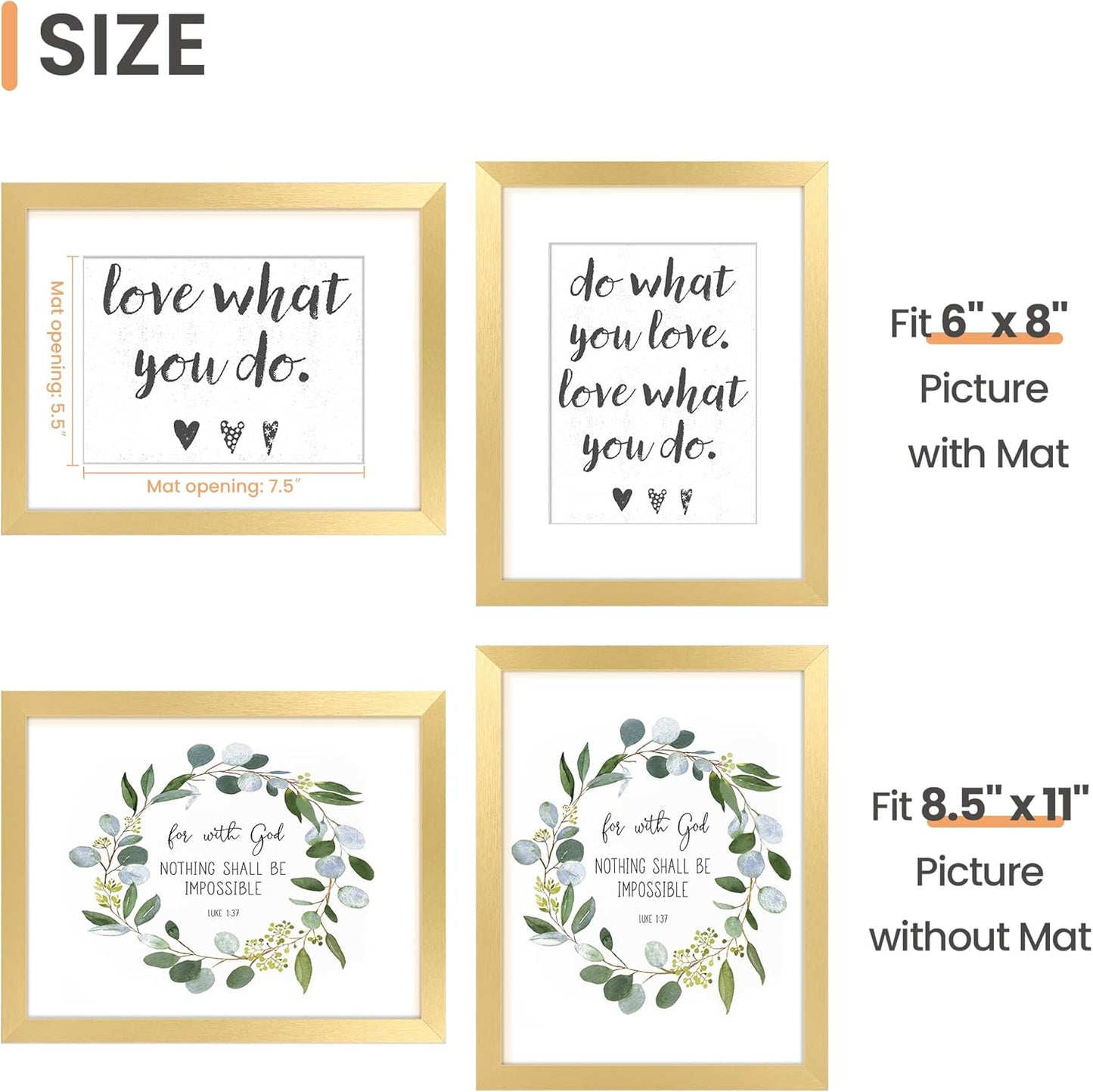 Upsimples 8.5 x 11 Picture Frame - Elegant Gold Wall Hanging Frame for 6x8 or 8.5x11 Photos | 1 Pack