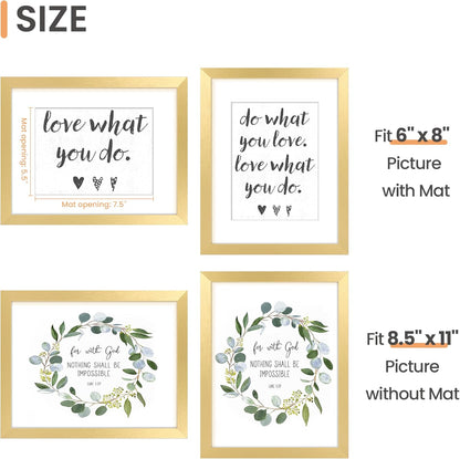 Upsimples 8.5 x 11 Picture Frame - Elegant Gold Wall Hanging Frame for 6x8 or 8.5x11 Photos | 1 Pack