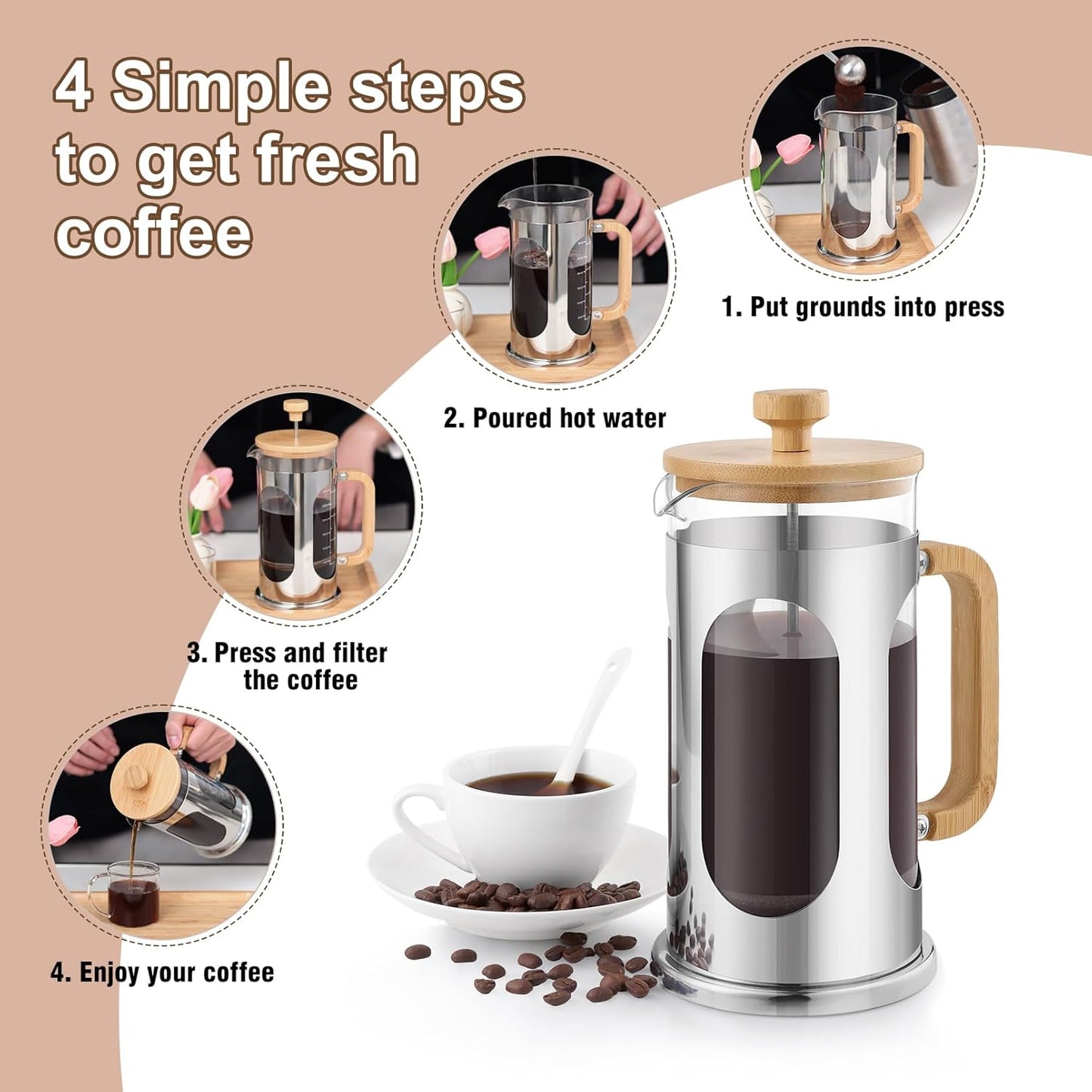 Sivaphe French Press Coffee Maker - 34 oz Borosilicate Glass with Bamboo Lid & Handle | 8 Cup Tea Press