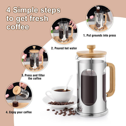 Sivaphe French Press Coffee Maker - 34 oz Borosilicate Glass with Bamboo Lid & Handle | 8 Cup Tea Press