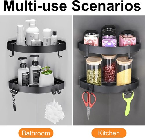 DUFU Adhesive Corner Shower Caddy - No Drill Rust Proof Aluminum Organizer | 2 Pack Black