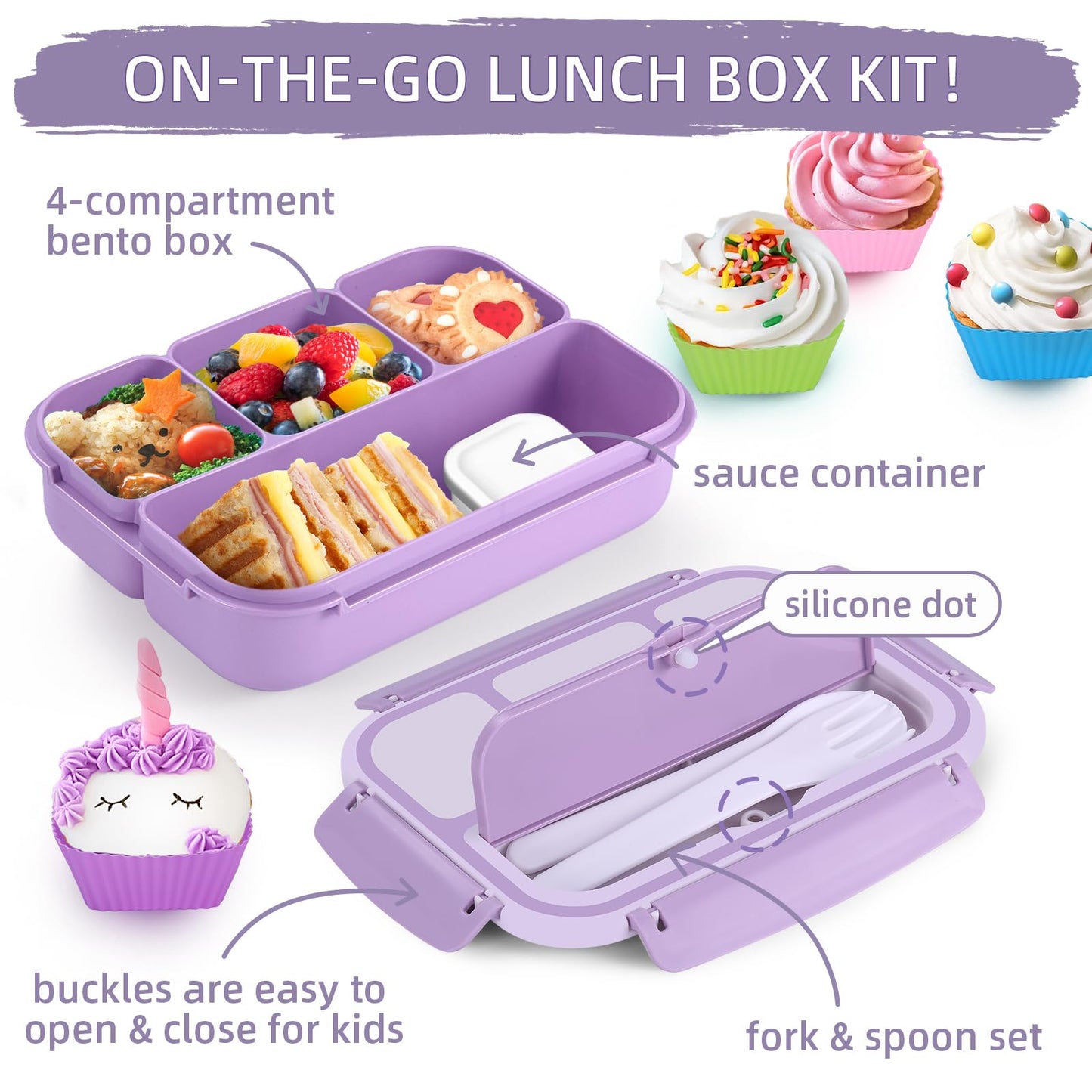 QQKO Bento Box Adult Lunch Box, Lunch Containers for Adults Men Women, Kids Lunch Boxes for School with 4 Compartments, Sauce Container, Utensils and Muffin Cups, Purple