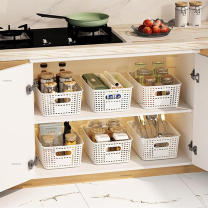 White Plastic Storage Baskets - 12 Pack Stackable Bins with Lids for Organizing | Cute Decorative Containers
