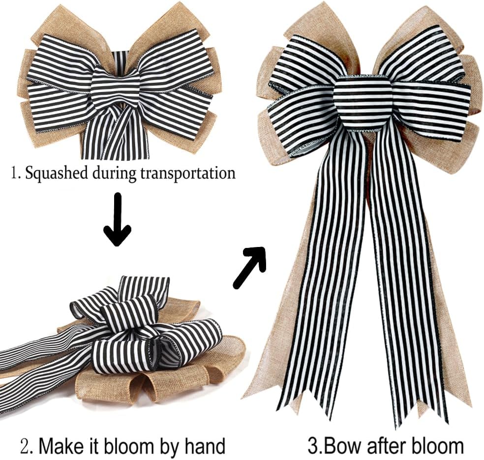 Regine Switzerland 2-Pack Black & White Stripe Burlap Fall Bows - Rustic Wreath Decorations for Home & Events