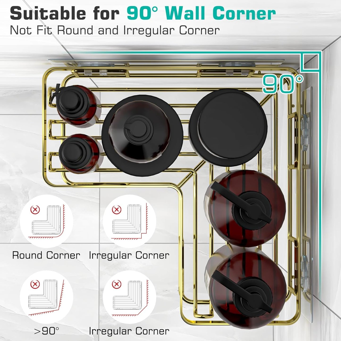 YASONIC Corner Shower Caddy - 3-Pack Adhesive Bathroom Organizer with Soap Holder & Hooks | Rustproof Stainless Steel, Gold