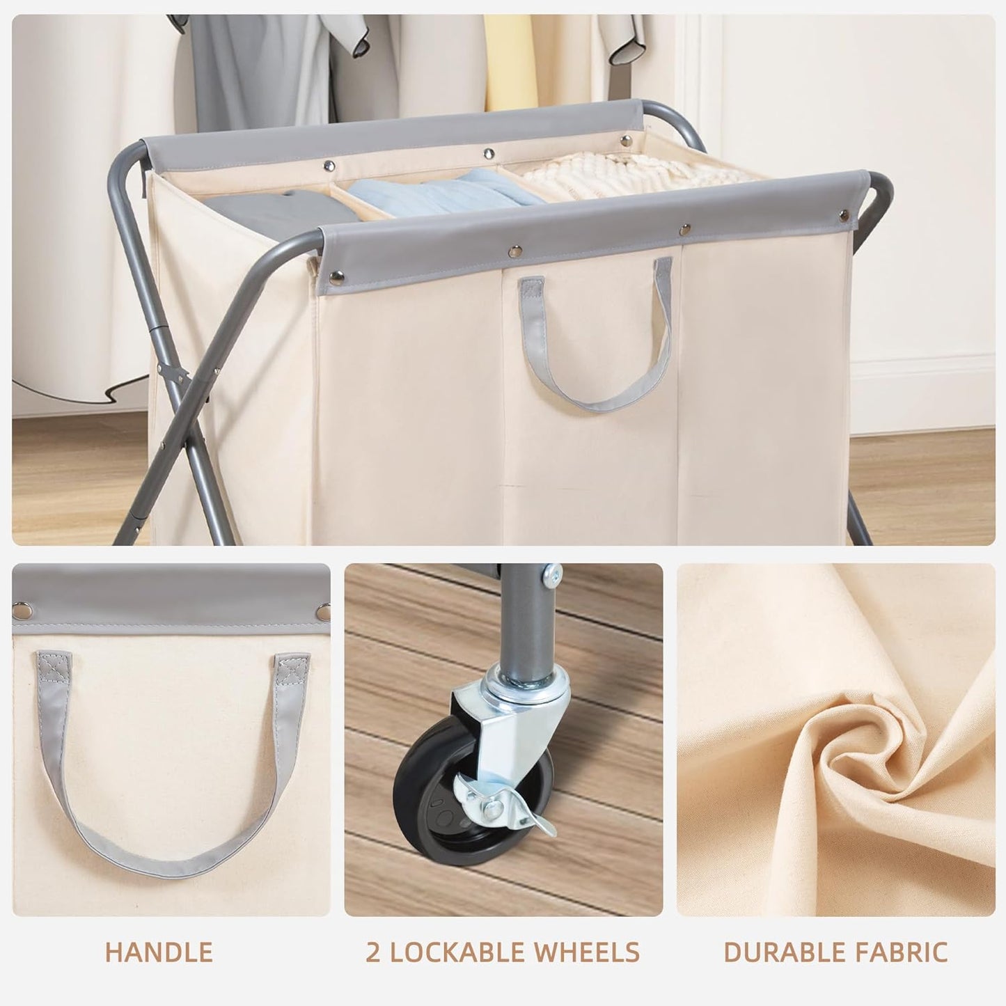Storage Maniac 160L Collapsible Laundry Hamper - Heavy-Duty Rolling Basket with Removable Bag | 3-Section Organizer