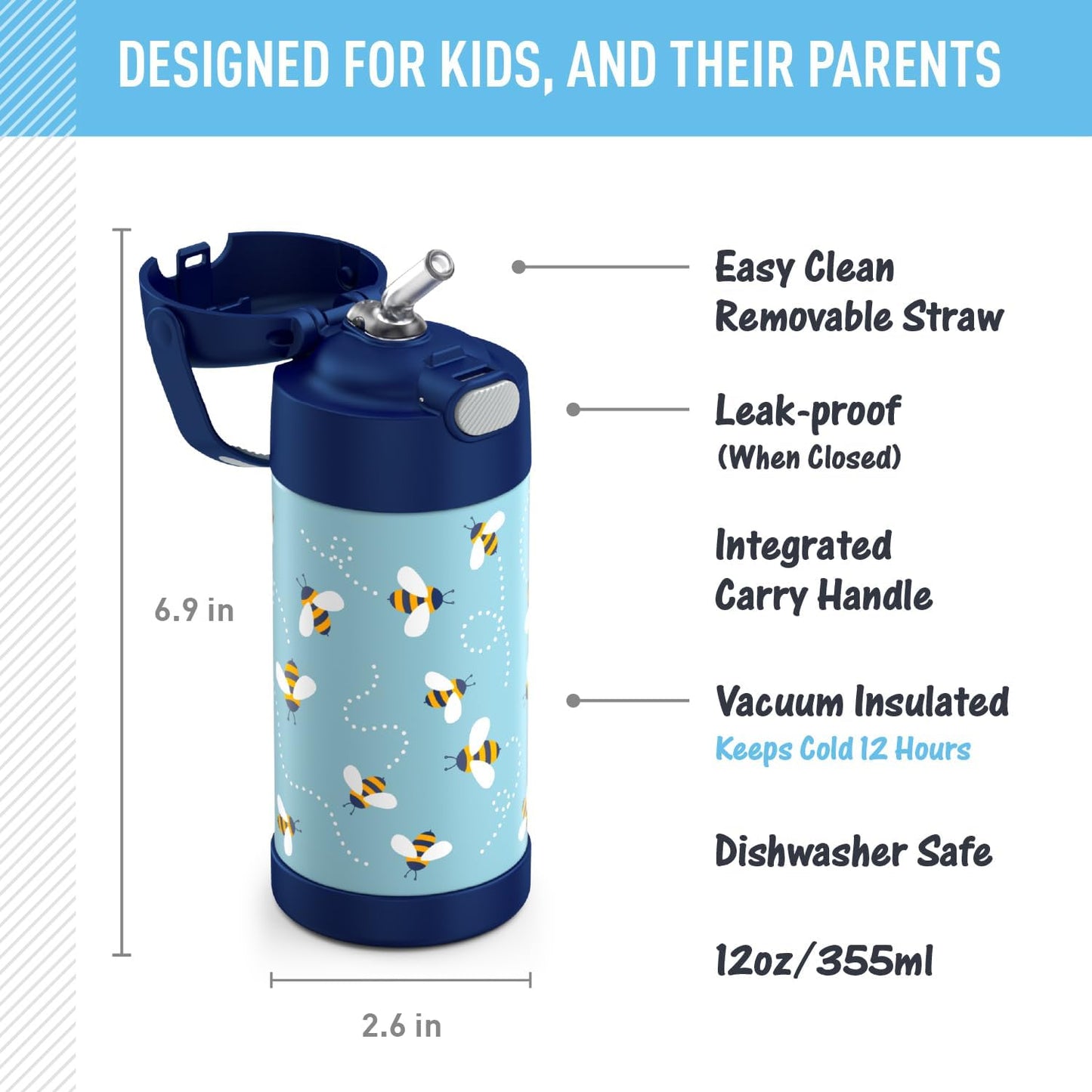 THERMOS FUNTAINER 12 Ounce Kids Straw Bottle - Stainless Steel Vacuum Insulated | Honey Bees Design