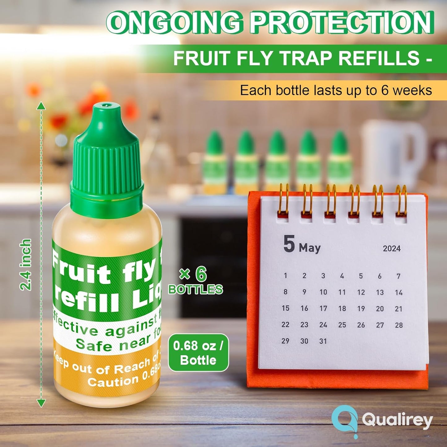 Qualirey Fruit Fly Trap Refill Liquid - 6 Pack, Non-Toxic Bait Safe for Pets & Kids, 0.68oz Each