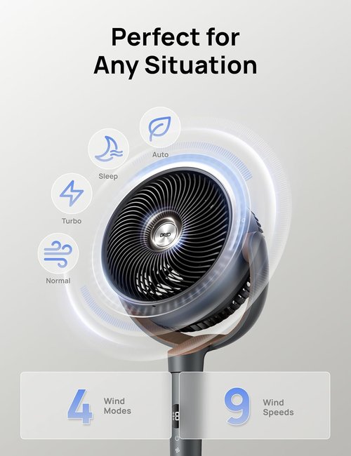 DREO Oscillating Floor Fan - Quiet 120° Pedestal Fan with 9 Speeds & 20dB Noise Level | Adjustable 37-42" Height