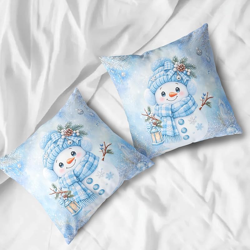 Blue Snowman Pillow Covers 18x18 Pack of 2 – Winter Snowflake Decorative Pillowcase