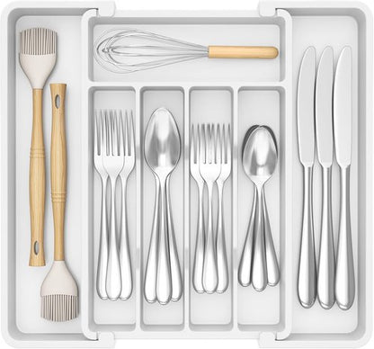 Lifewit Expandable Silverware Drawer Organizer - BPA-Free Utensil Tray for Kitchen | Adjustable 8.5-14 x 12" - White