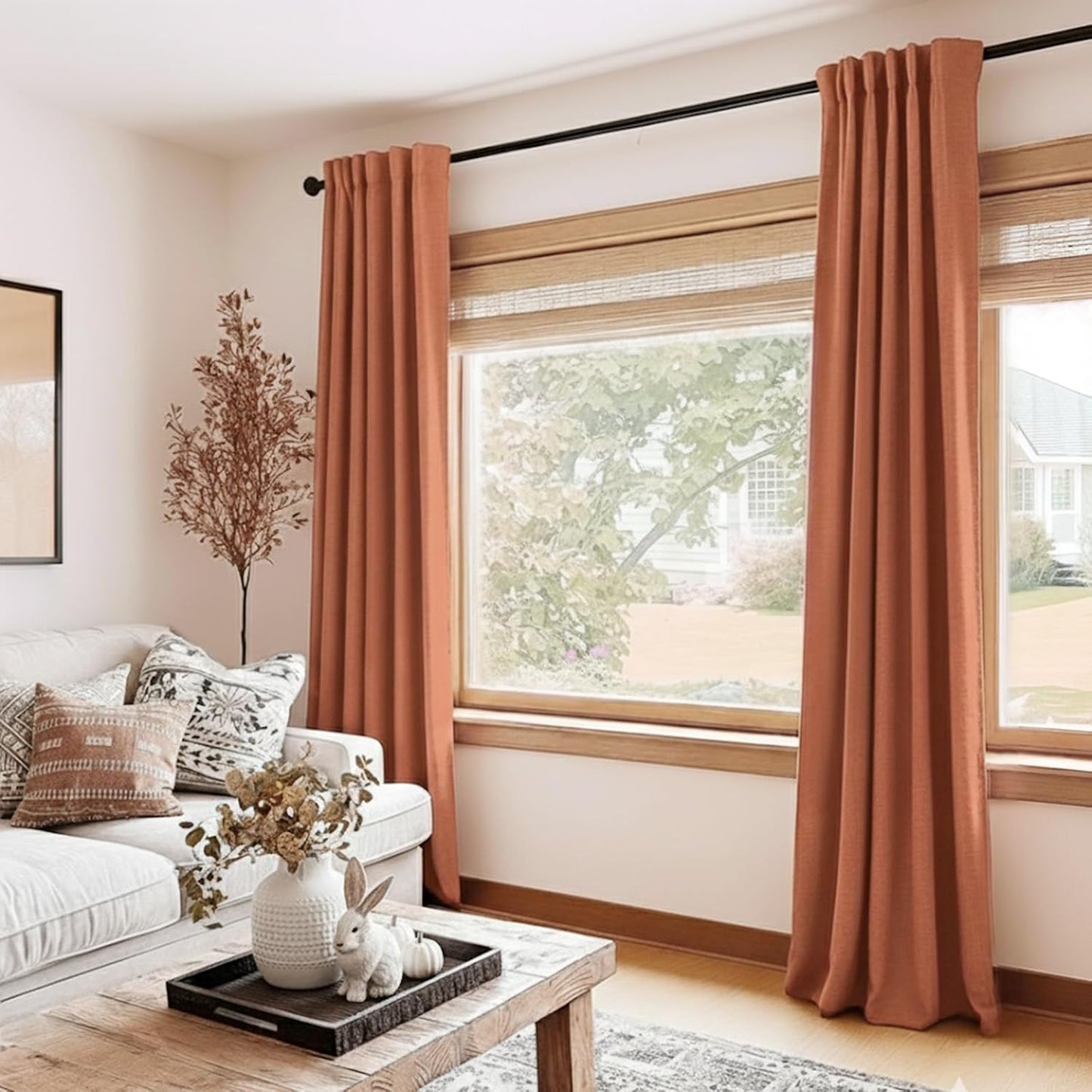 Skiennix 100% Blackout Linen Curtains - Thermal Insulated Drapes, 50" W x 102" L, Burnt Orange - 2 Panels Set