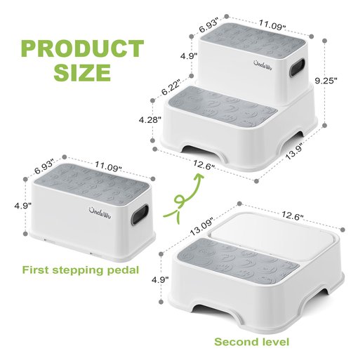 2-Pack Step Stool for Kids with Faucet Extender & Duck Toys - Non-Slip Toddler Stool for Bathroom Sink, Potty Training & Kitchen - Heavy Duty 200lbs Foot Stool for Adults (Grey)