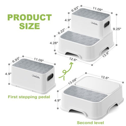 2-Pack Step Stool for Kids with Faucet Extender & Duck Toys - Non-Slip Toddler Stool for Bathroom Sink, Potty Training & Kitchen - Heavy Duty 200lbs Foot Stool for Adults (Grey)