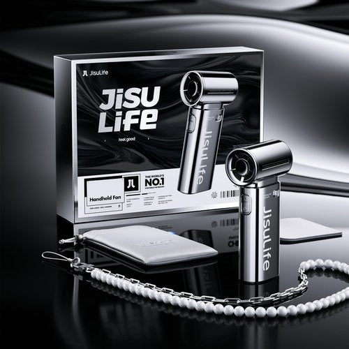 JISULIFE Portable Handheld Fan Life9, Turbo Power High Speed Air [18H Max Cooling Time], 5 Gear Wind, 5000mAh Rechargeable, Mini Pocket Design, Personal Fan for Travel Concerts Camping Makeup - Chrome