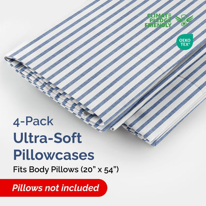 Skiennix Body Pillowcases Set of 4 | Soft & Breathable 20x54 Long Pillow Covers - Fade-Free & Machine Washable (Blue Stripes)
