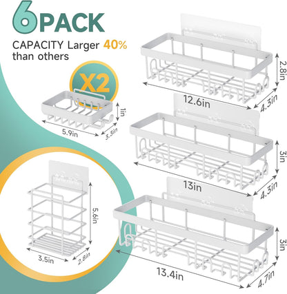 Veken Shower Caddy - 6-Pack Rustproof & Waterproof Adhesive Shelves | Large Bathroom Organizer in White