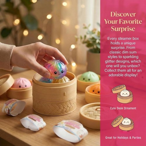 Dumpling Squeeze Toy - Glitter Stress Relief Ball with Steamer Box | Soft Sensory Gift for Kids & Adults (A-Blue)