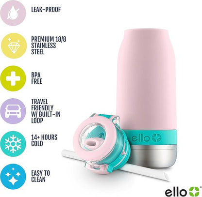 Ello Emma 14oz Kids Water Bottle - Vacuum Insulated, Leak-Proof, Straw & Carrying Handle | Perfect for School & Outdoor Activities
