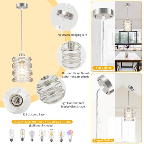 foucasal Brushed Nickel Pendant Light for Kitchen Island Spiral Iron Pendant Light Fixtures with Seeded Glass Shade, Adjustable Height Hanging Pendant Lighting for Dining Room Hallway Kitchen Foyer