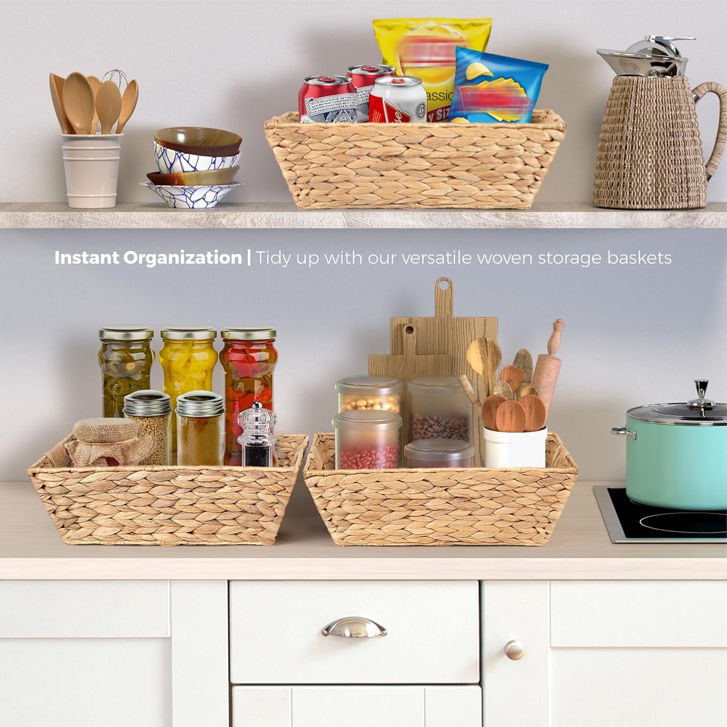 Water Hyacinth Snack Baskets by [Brand Name] - Set of 3 Wicker Organizers with Handles | Perfect for Office Use
