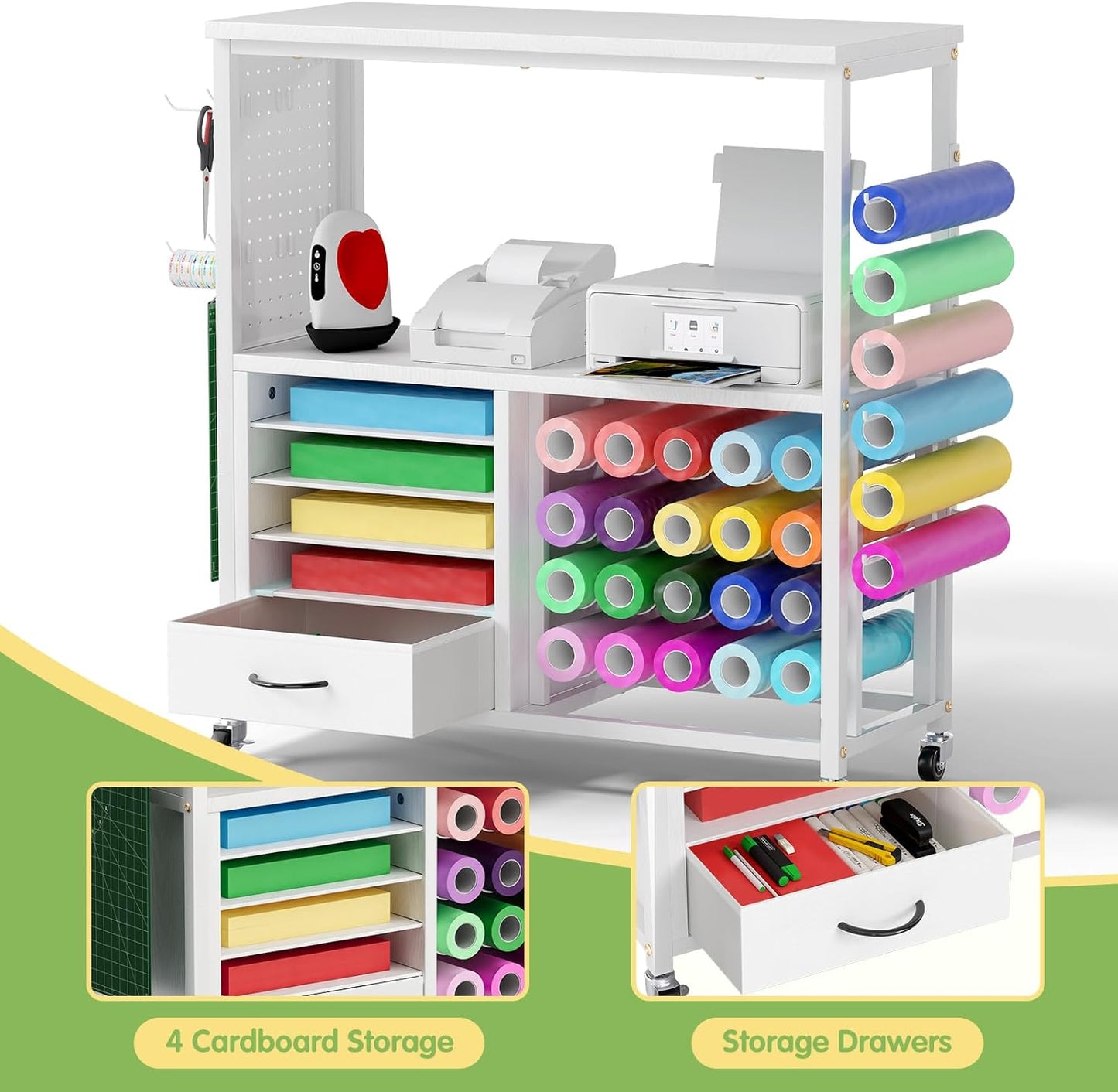 Skiennix Craft Storage Cart - Mobile Table with Vinyl Roll Holder & Drawers | Ideal for Studios & Offices
