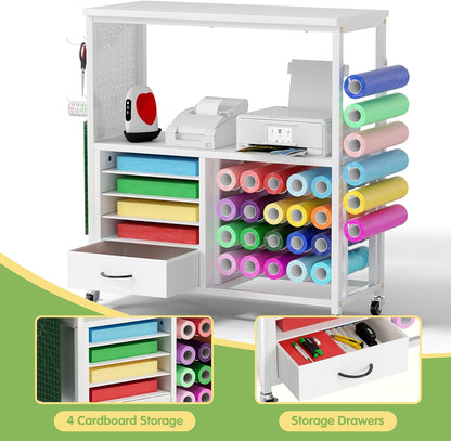 Skiennix Craft Storage Cart - Mobile Table with Vinyl Roll Holder & Drawers | Ideal for Studios & Offices