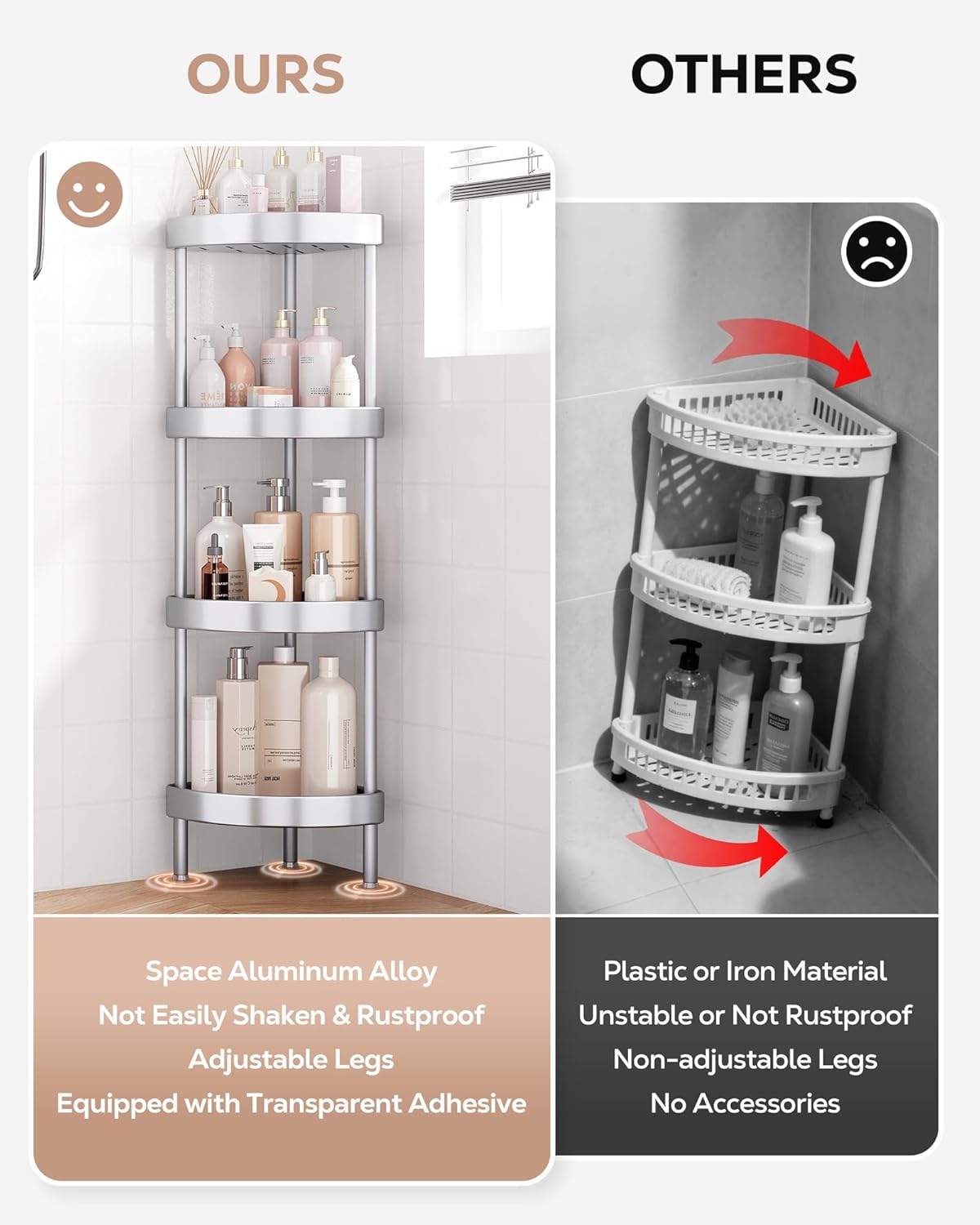 Nieifi Corner Shower Caddy Stand - 4-Tier Rustproof Aluminum Organizer | Height-Adjustable Legs for Stability - Silver