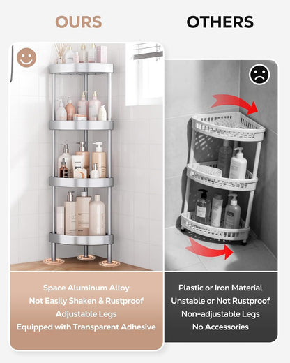 Nieifi Corner Shower Caddy Stand - 4-Tier Rustproof Aluminum Organizer | Height-Adjustable Legs for Stability - Silver