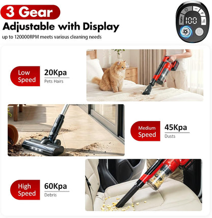 Skiennix Cordless Vacuum Cleaner - 8000mAh Battery, 6-in-1 Handheld & Stick Design for Pet Hair & Hardwood Floors (Red)