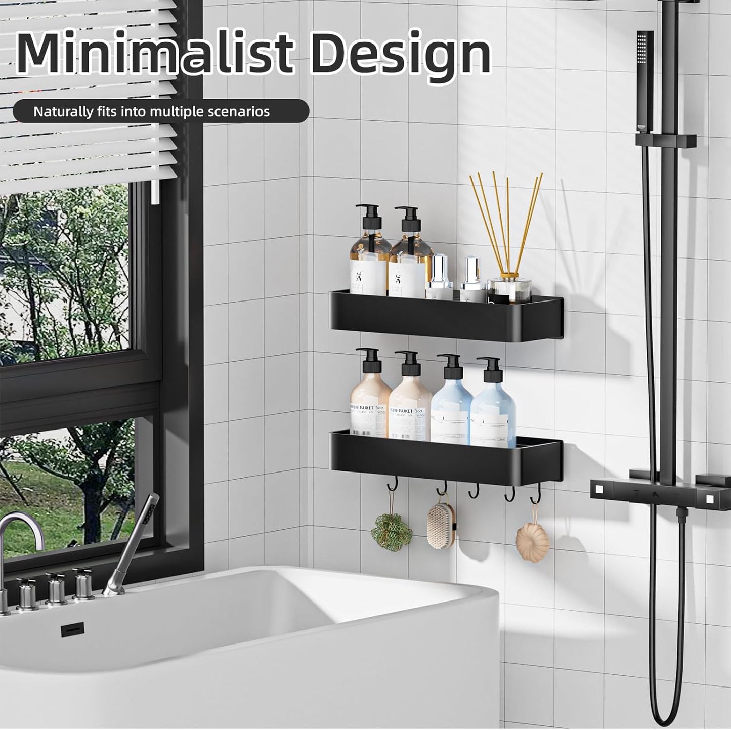 Wisfame Shower Caddy - No Drill Rustproof Bathroom Shelf | Large Capacity Aluminum Organizer with 5 Hooks - Black