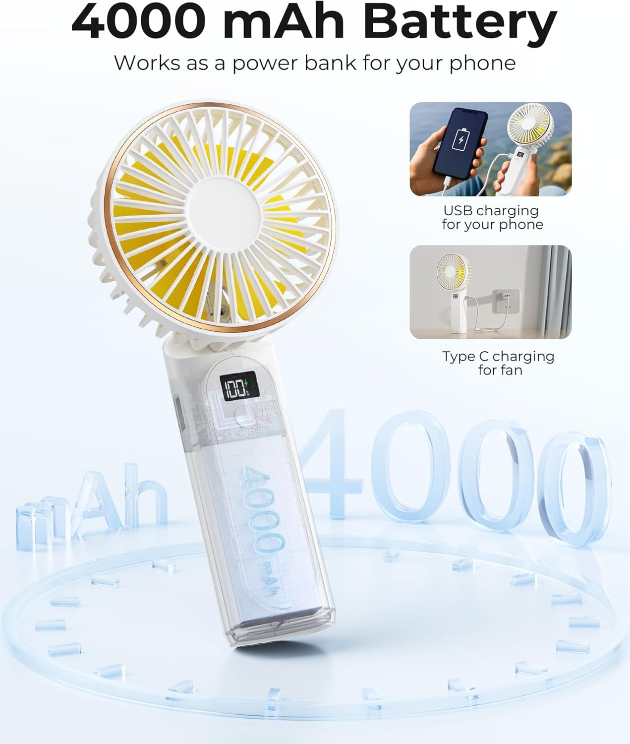 TUNISE Portable Handheld Fan - Rechargeable 4000mAh Battery | 180° Adjustable & 6 Speed Settings