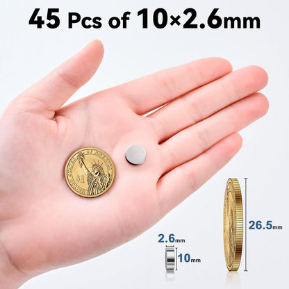 SMARTAKE Neodymium Refrigerator Magnets - 45 Pcs Small Round 10x2.6mm for Home, Office & School | Silver