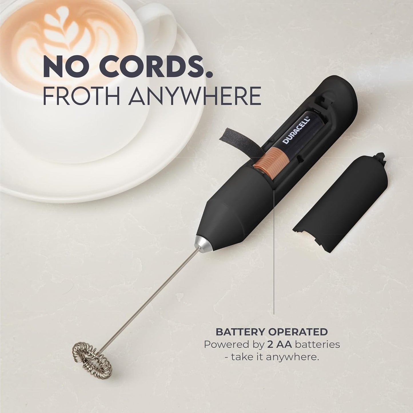 Zulay Kitchen Powerful Milk Frother AA Batteries Included – Ultra Fast Handheld Drink Mixer with Stainless Steel Whisk Stirrer for Coffee, Protein, Matcha & More, Frother Wand Electric Frothmate Black