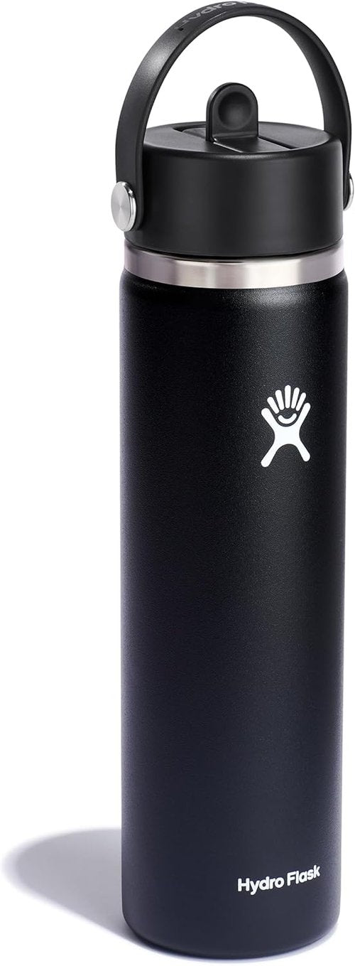 Hydro Flask Water Bottle - Insulated Stainless Steel with Wide Straw Lid - 24 Oz Black, Leakproof