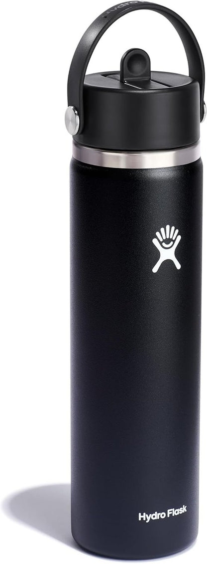 Hydro Flask Water Bottle - Insulated Stainless Steel with Wide Straw Lid - 24 Oz Black, Leakproof