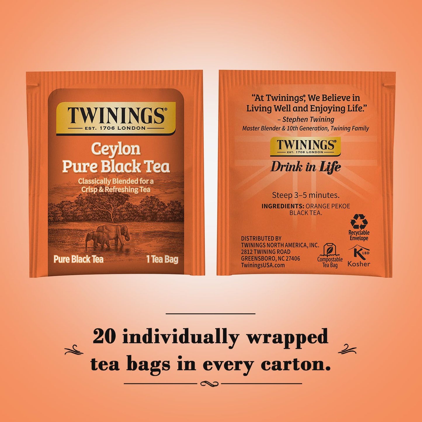 Twinings of London Ceylon Orange Pekoe Tea - Premium Flavor | Box of 20 Tea Bags