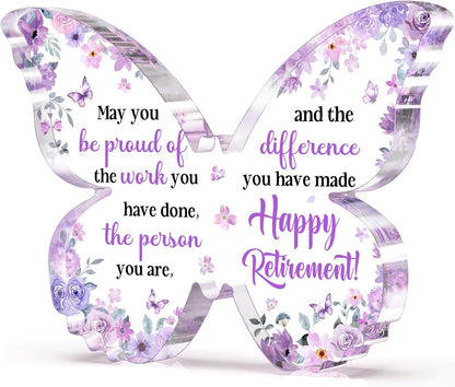 Unique Retirement Gift for Woman Men 2026, 5x3.8x0.5 Inch Purple Butterfly Acrylic Plaque Decor with Warm Words, Best Retirement Gifts for Coworker Teacher Friend Nurse Boss