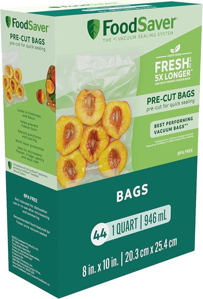FoodSaver Precut Vacuum Sealer Bags - Airtight Food Storage for Sous Vide Cooking, BPA-Free, 1 Quart, 44 Count